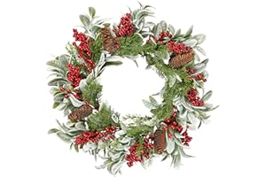 Sggvecsy 19 Inch Artificial Christmas Wreath for Front Door Flocked Lambs Ear Wreath with Red Berries Pine Needles Pinecones Christmas Decorations for Wall Outdoor Home Holiday Xmas Decor