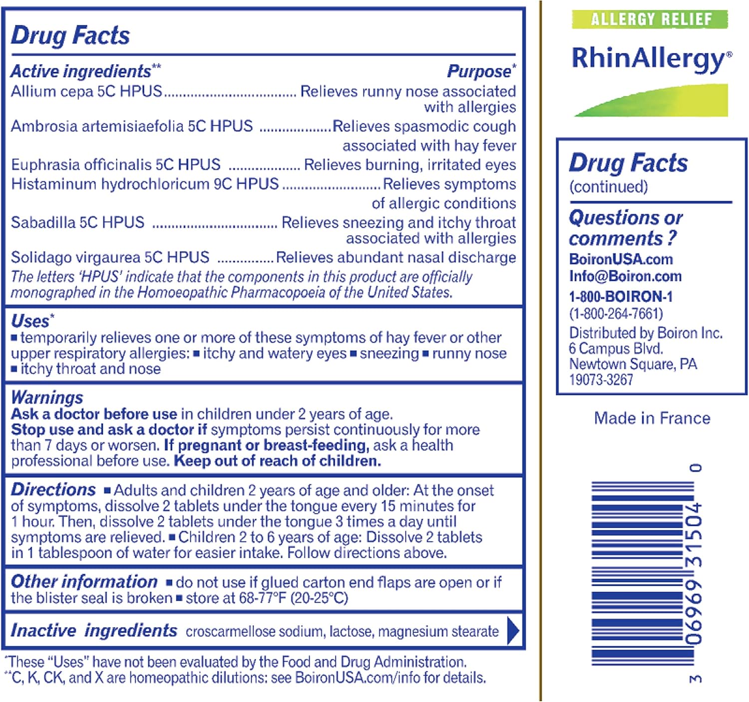 Boiron Rhinallergy Homeopathic Medicine for Allergy Relief, 60 Count: Health & Personal Care