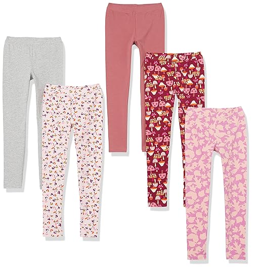 Amazon Essentials Girls' Leggings, Pack of 5, Dark Rose/Grey/Light Pink Floral/Pink Leaf Print/Red Mushroom, Large