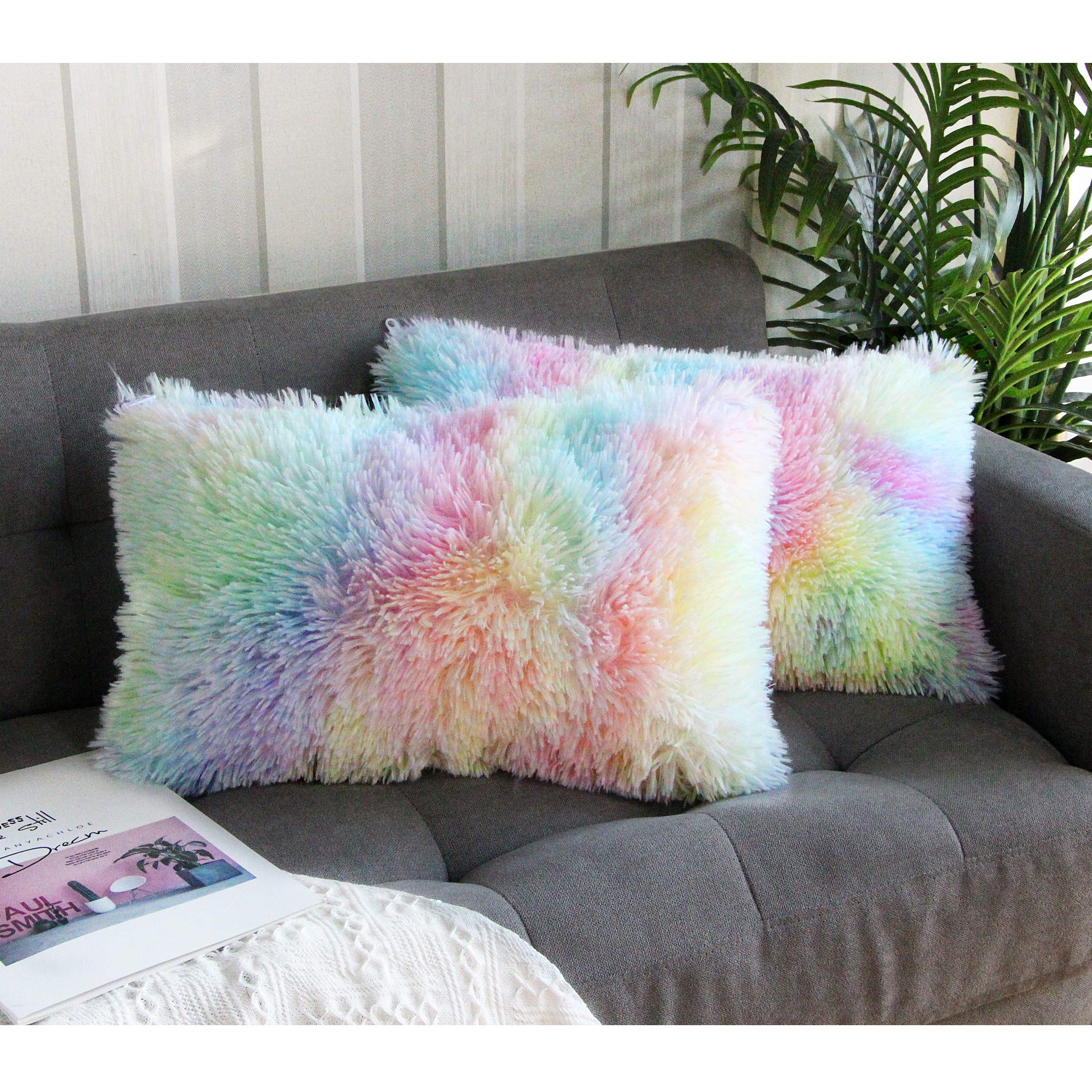 Uhomy 2 Packs Colorful Plush Pillow Cover 12"x20", Fall Winter Home Decorative Luxury Fluffy Super Soft Faux Fur Throw Pillow Cover Cushion Case for Sofa Bed Chair Unicorn Colorful 30x50 cm