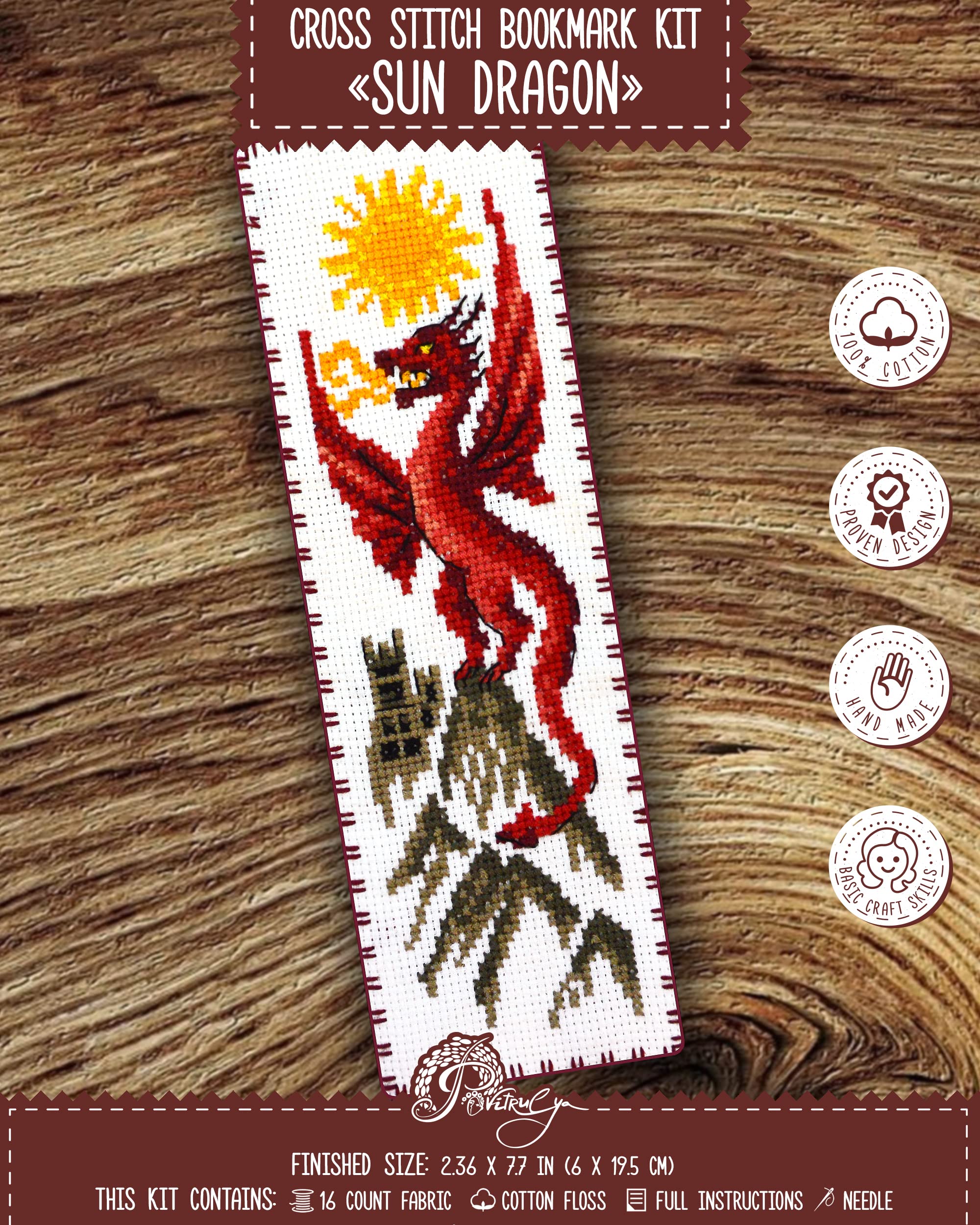 Povitrulya Counted Cross Stitch Kit 'Sun Dragon' - DIY Embroidery Book Marker Set for Adults with Paper Pattern, 16 Count Aida Canvas and Presorted Floss