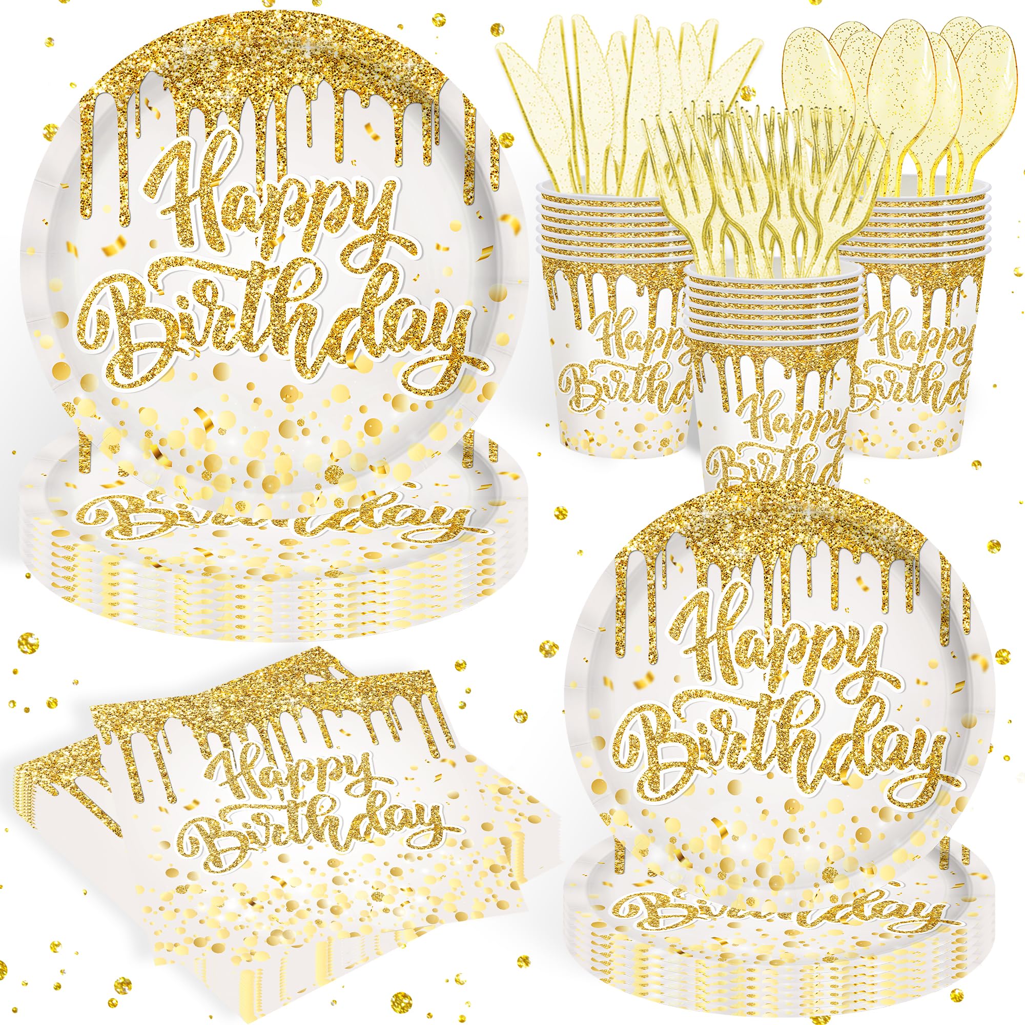Photo 1 of 140Pcs Golden Happy Birthday Party Decorations White Gold Paper Plates Napkins Cups Tableware Set Women Men Birthday Themed Party Decor for 20 Guests