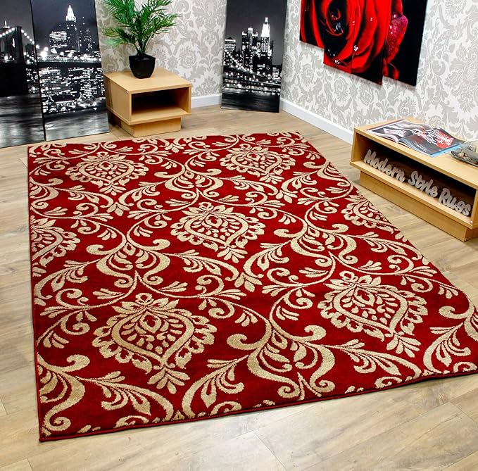 New Damask Red Beige Modern Designer Extra Large Soft Rug 120x170cm