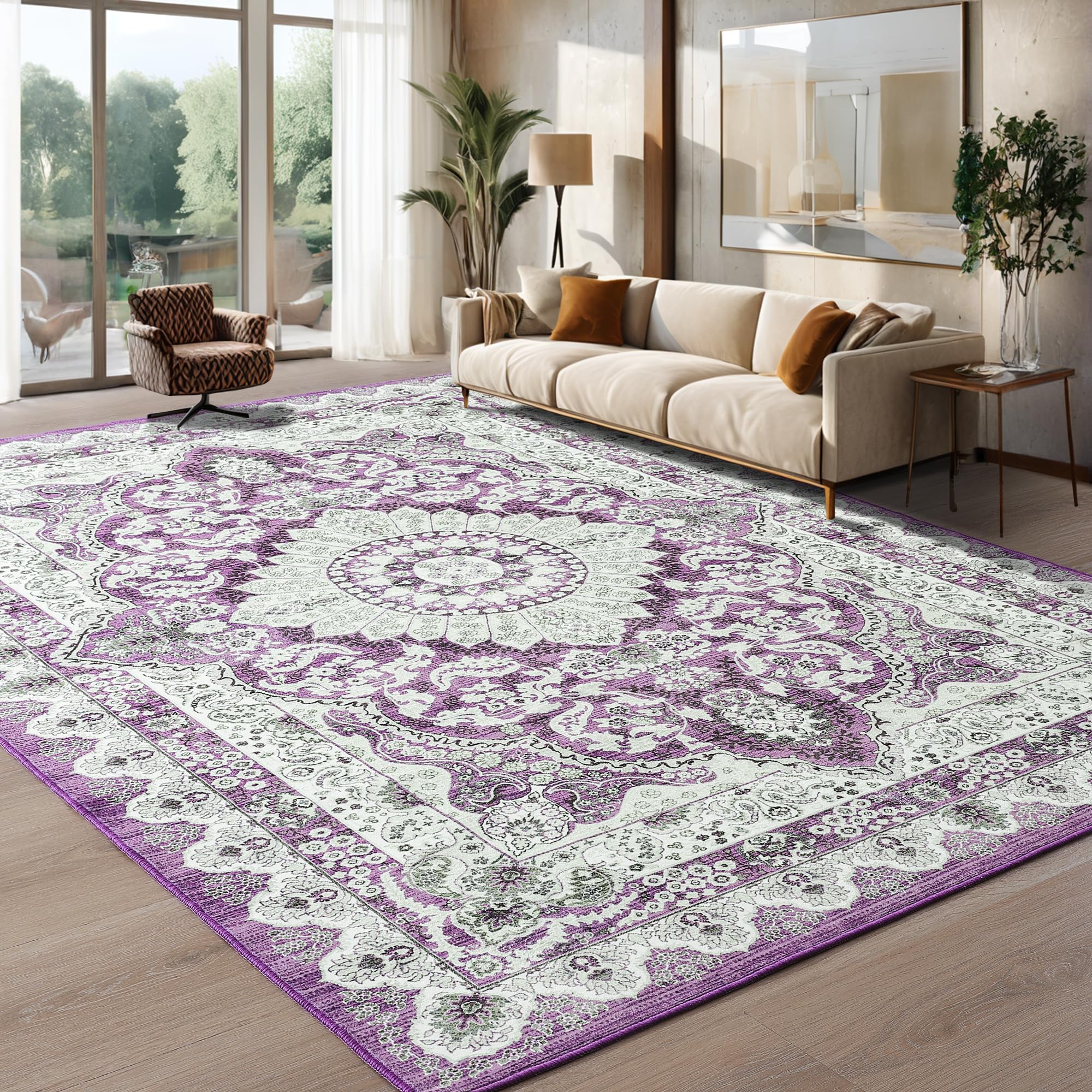 Foxmas 8x10 Area Rugs for Living Room, Machine Washable Vintage Rug, Non-Slip Low Pile Throw Rugs with Rubber Backing Washable Carpet for Bedroom Dining Room Kitchen Home Decor, Purple Image
