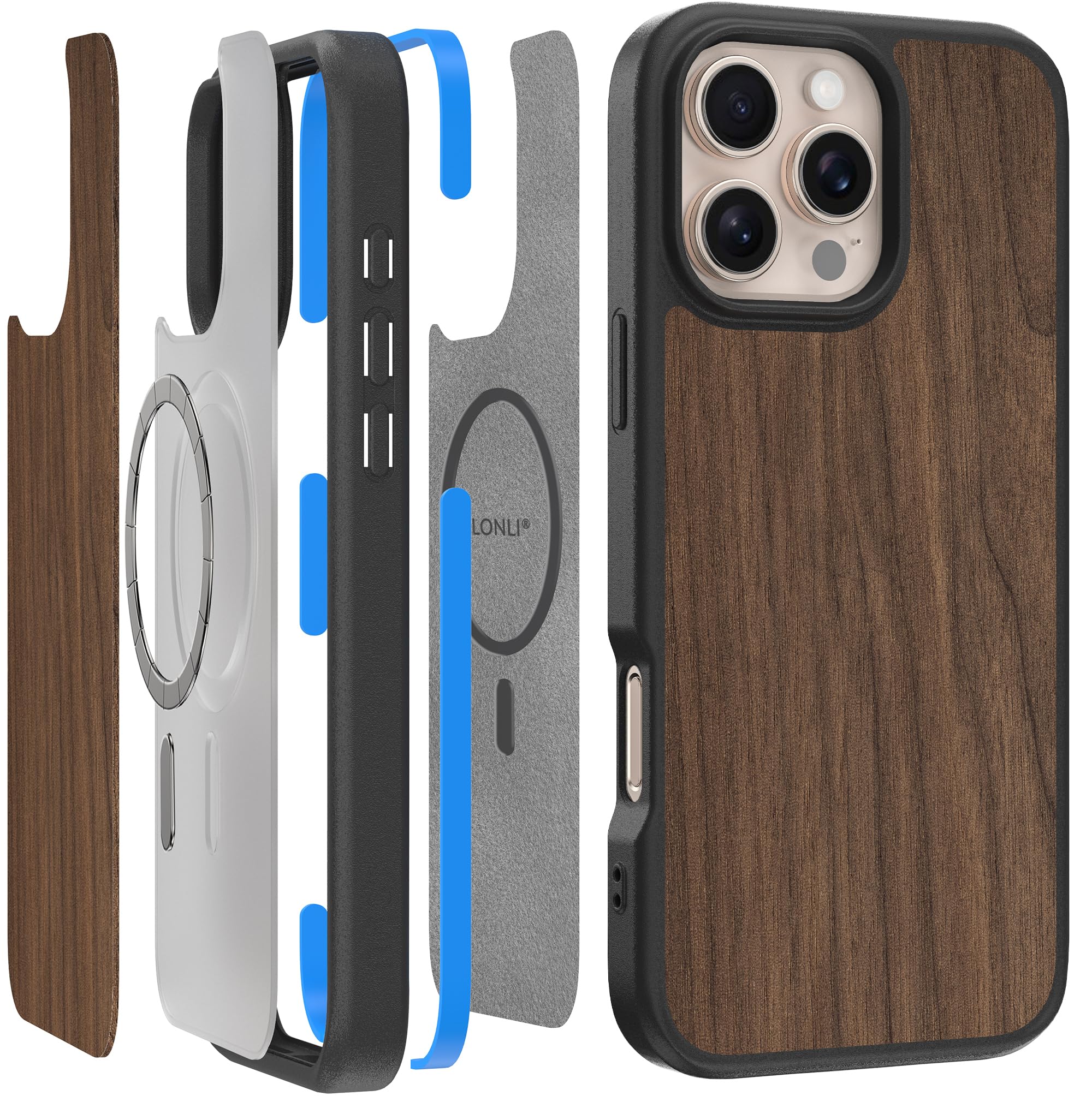 LONLI 2.0 - for iPhone 16 Pro Max Case - The Toughest Wood Magnetic Protective Phone Cover - [360° Shock-Absorbent Bumper and Inner TPE Frame] - [Compatible with Magsafe] - American Walnut Wood