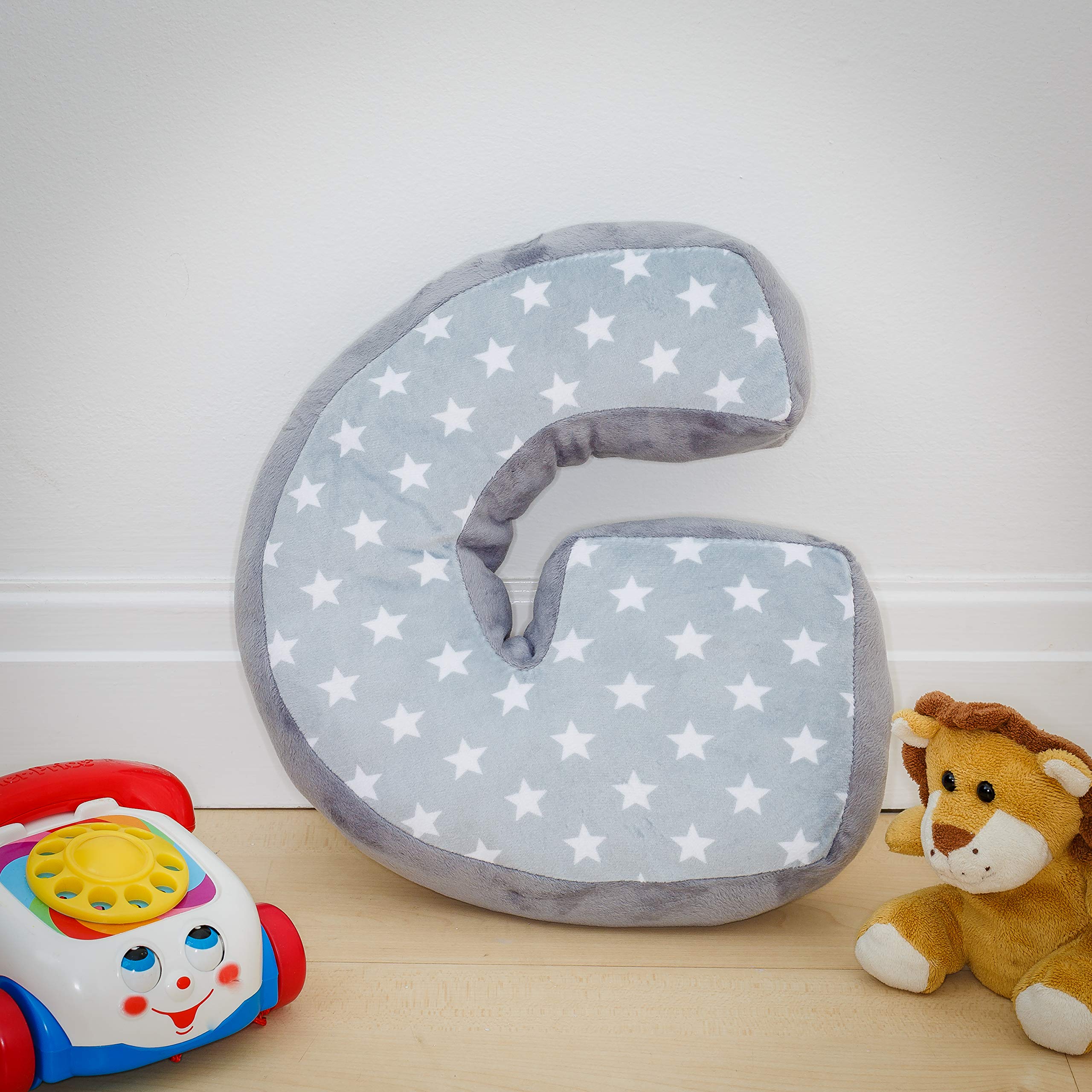 Alphabet Cushion G | Letter Pillow G | Decorative Nursery Bedroom Sofa Couch | Letter Shape | Personalised Initial | Grey Stars | Wedding Christening Gift