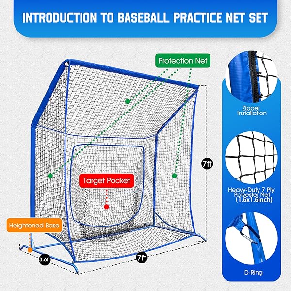 BASEBALL SOFTBALL NET WITH BLOCKING SYSTEM, 7X7FT PRACTICE CAGE FOR BATTING/PITCHING/FIELDING, METAL FRAME WITH ELEVATED BASE AND STORAGE BAG FOR BACKYARD OUTDOOR INDOOR