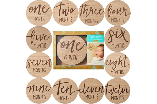 Kate & Milo Baby Monthly Milestone Marker Discs - Classic Cursive Script Wooden Discs with Reversible Photo Props for Baby Announcement and Milestones, Gender-Neutral Gift for Newborn Boy and Girl | 12 Month Set, 6 Reversible Wooden Photo Props, Classic Script Design, Gender-Neutral Newborn Gift, Milestone Photo Props