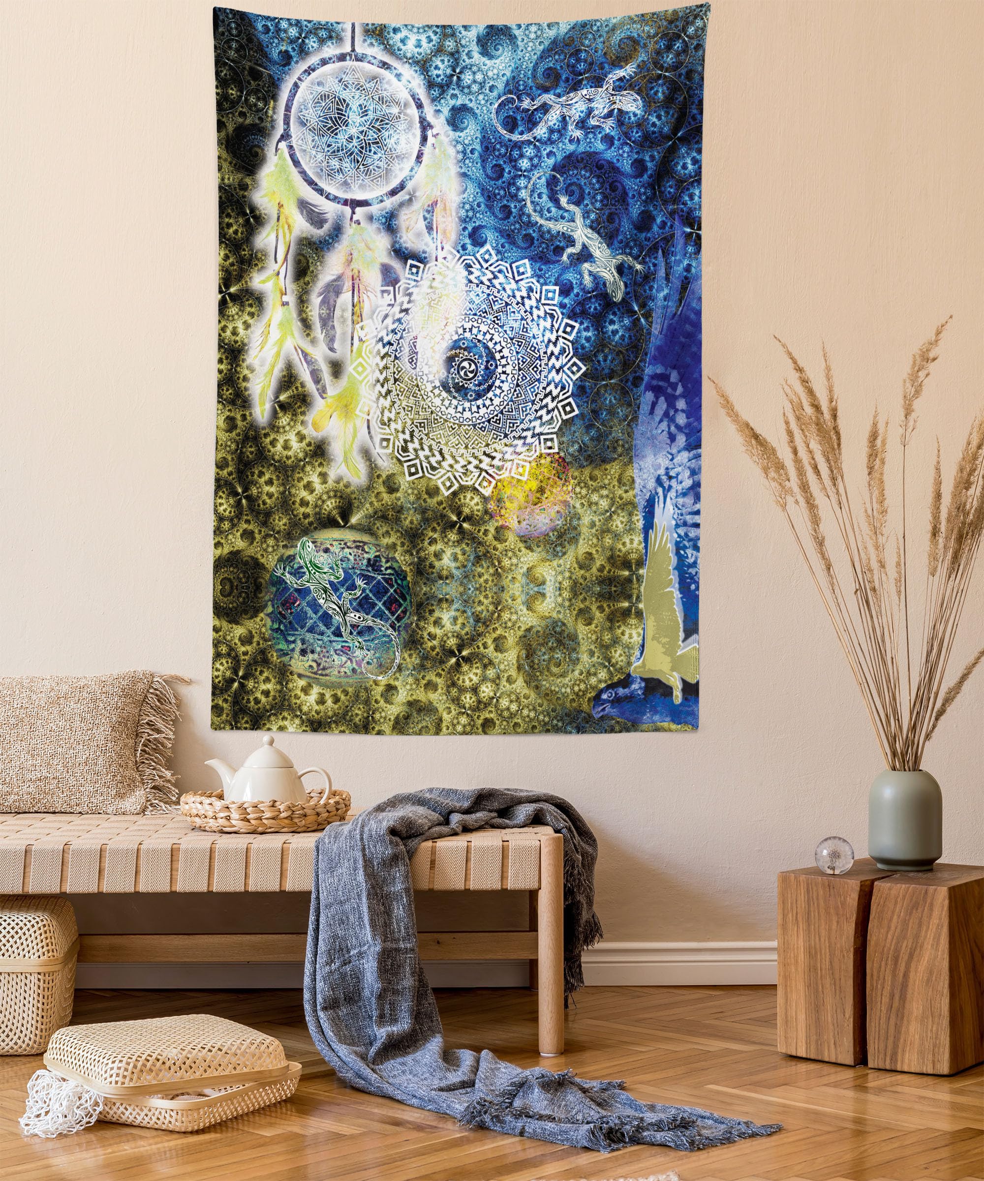 ABAKUHAUS Native Tapestry, Bohemian Style Illustration with Dreamcatchers and Feathers Animals, Fabric Wall Hanging Decor for Bedroom Living Room Dorm, 54 W X 90 L, Indigo and Pale Yellow