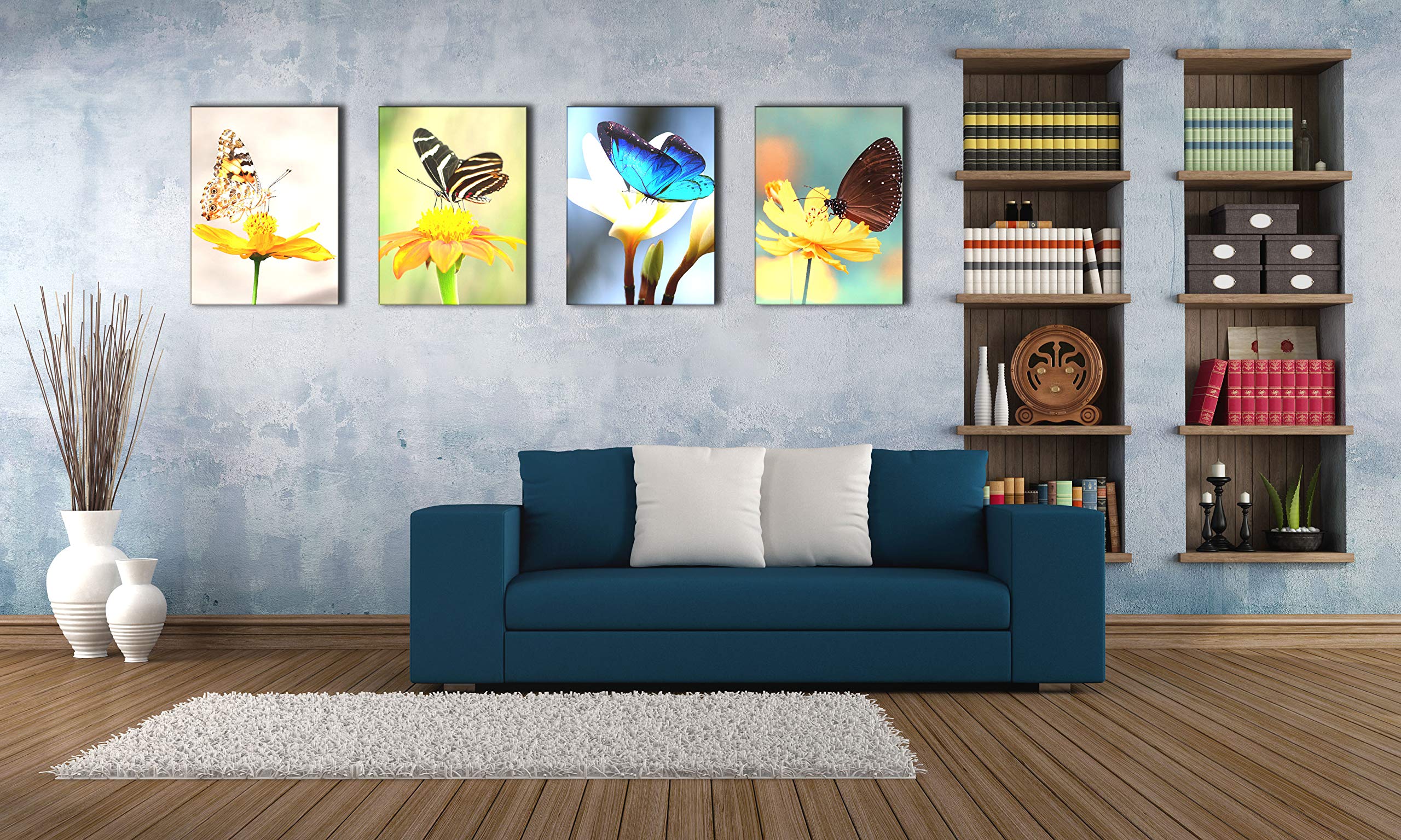 Canvas Wall Art for Living Room Butterfly on Flower Decor Painting Blooming Florals Pictures Print Decoration Artwork 12x16inch x4Pieces