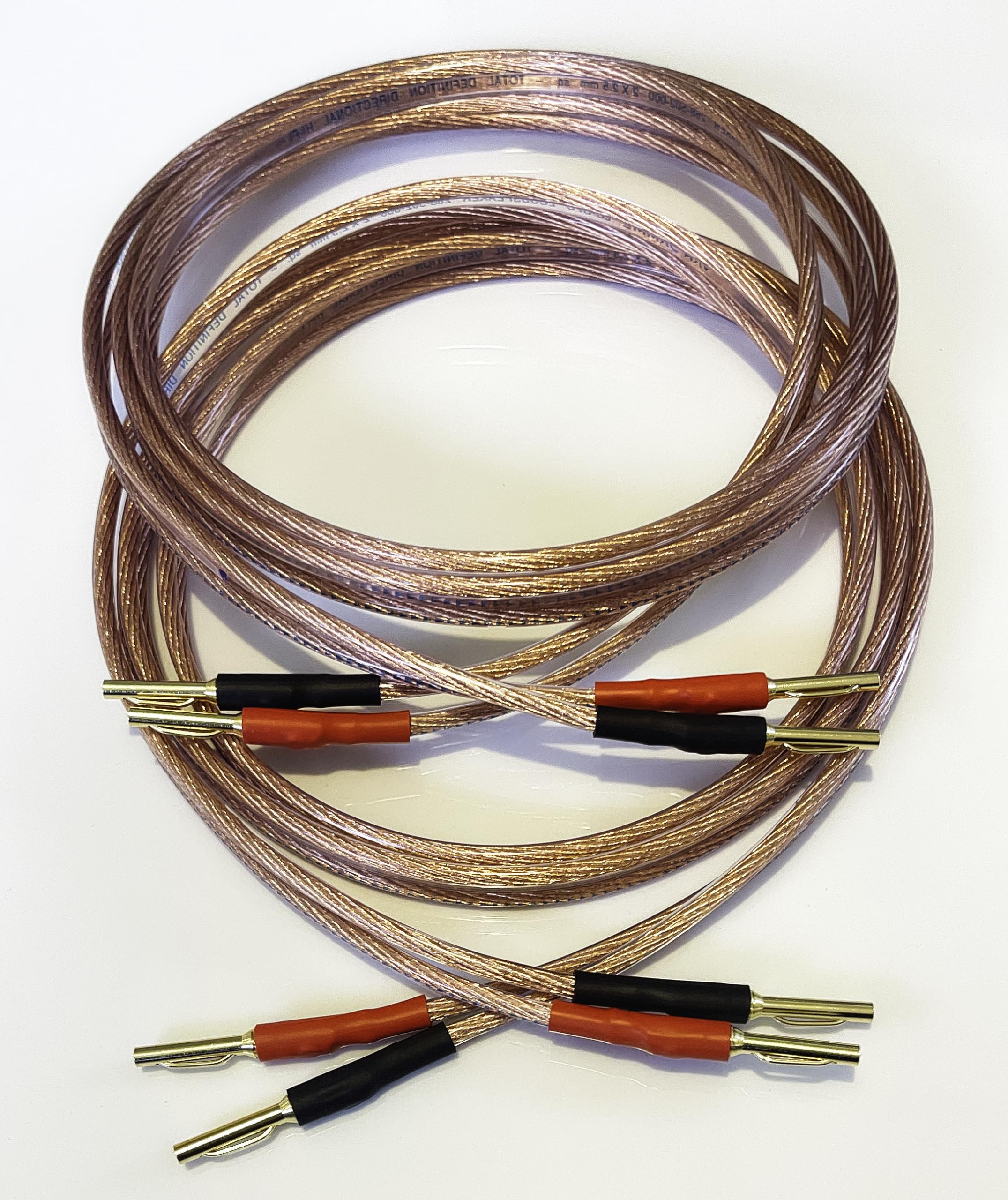 A1 Sound Van Damme Hi-Fi Series 2.5mm Sq LC-OFC directional speaker cable pair, two cables terminated with gold plated 4mm banana plugs on all ends 8 plugs in total (6 metre pair)