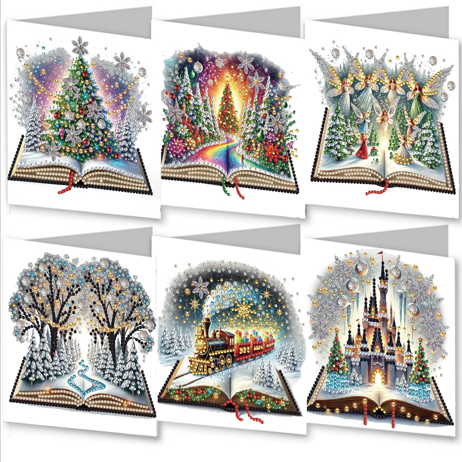 Awesocrafts 6pcs Diamond Art Christmas Cards Kits Castle Christmas Tree, DIY Diamond Painting Cards Sets, 5D Diamond Art Cards with Envelopes, Postcards for Handmade, Xmas 30 * 15cm (Book)