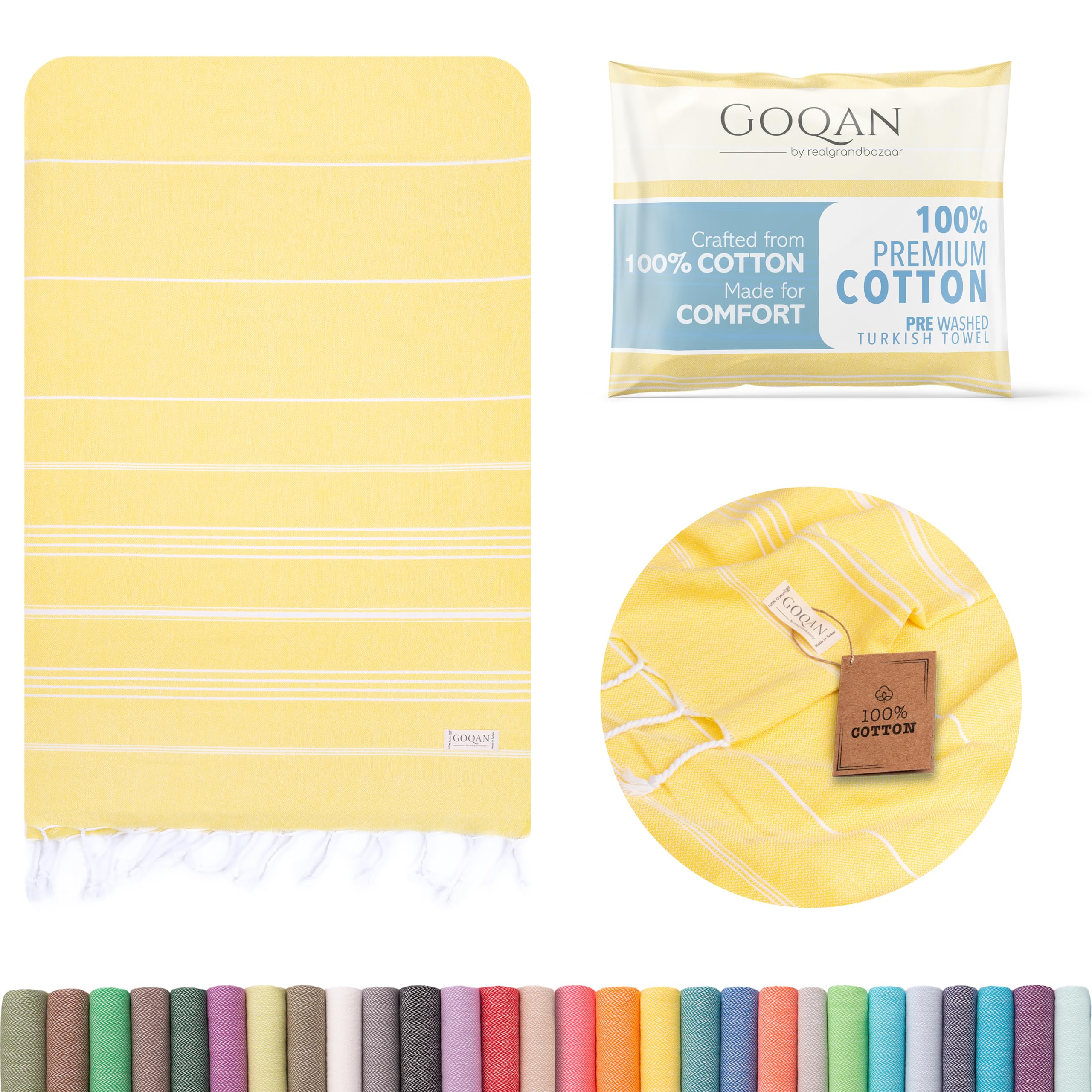 realgrandbazaar Turkish Beach Towel 100% Cotton - Quick Dry Towels for Bath, Hostel Travel, Gym, Exercise, Swim, Shower, 39x71 Large - Rapid Dry for Workout Sports, Swimming, Camping -Yellow