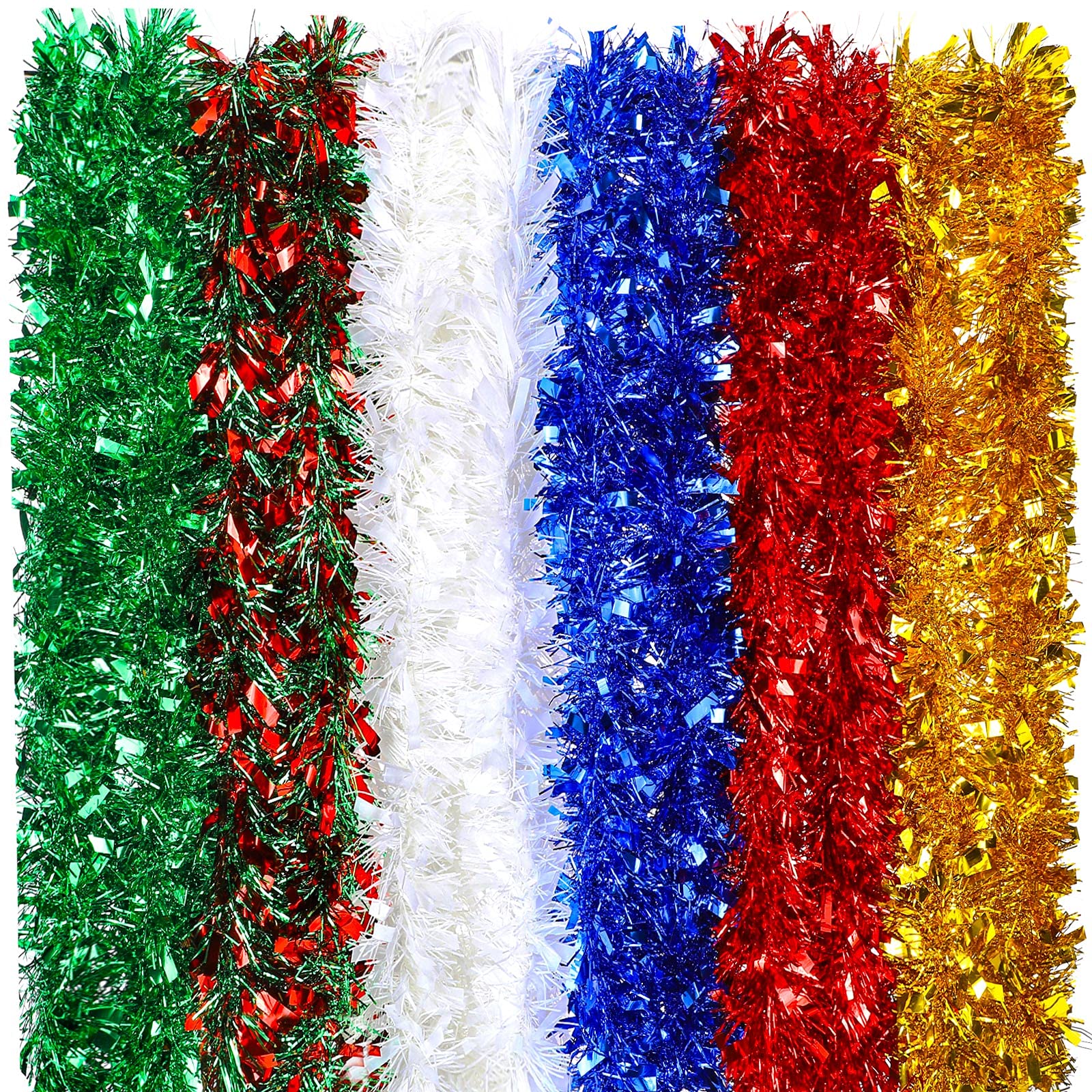 6 Pieces 39.4 Feet Christmas Shiny Tinsel Garland Decorations Long Hanging Tinsel Garland Decoration for Christmas Tree Wreath Wedding Party Supplies (Red Green Red Green Golden White Blue)