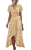 ECOWISH Women Dress Wrap Boho Polka Dot V Neck Short Sleeve Summer Beach Sundress Split High Low Flowy Long Maxi Dresses