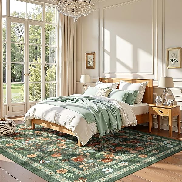 DEERLY GREEN BOHO FLORAL RUG 6X9 VINTAGE BOHO WASHABLE NON-SLIP LIVING ROOM CARPET SOFT LOW PILE THIN BEDROOM FLOOR MAT INDOOR FOR DINING ROOM PLAYROOM NURSERY FARMHOUSE, GREEN/MULTI