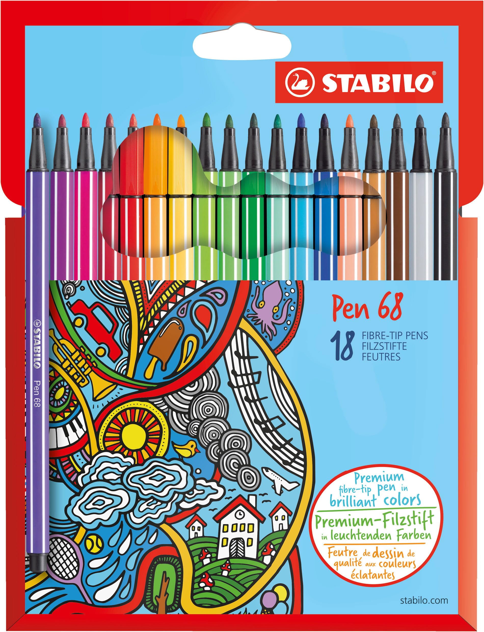 STABILO Pen 68 - Premium Fibre-Tip Pen - Pack of 18 - Assorted Colours