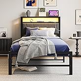 BOFENG Twin Bed Frame with Charging Station,LED Lights,Upholstered Storage Headboard,Heavy Duty Metal Platform Single Bed Frame Twin Size No Box Spring Needed,Solid and Stable,Noise Free,Grey