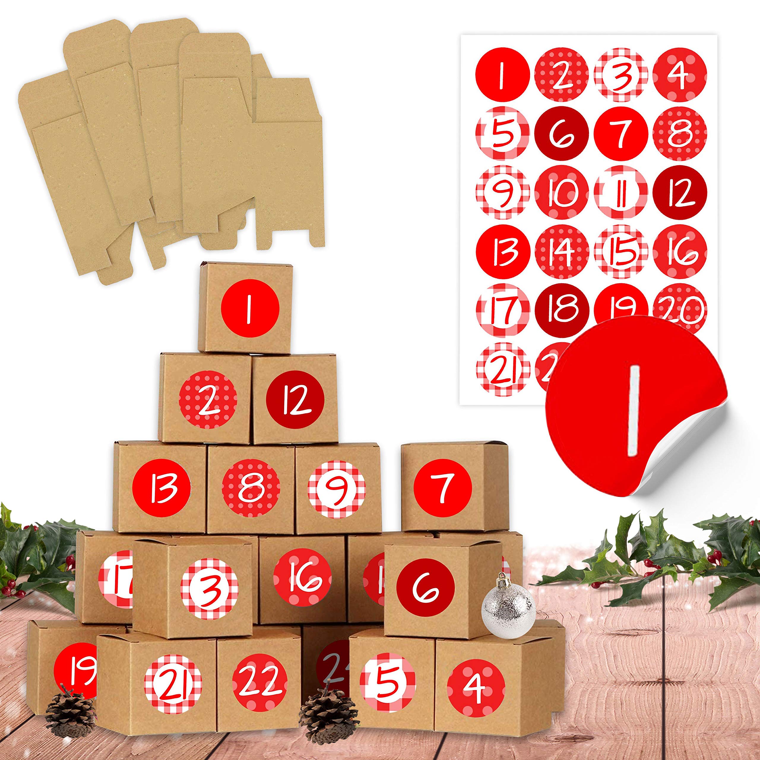 Papierdrachen Advent Calendar 2025 - Set of 24 Brown Boxes and Red Number Stickers - DIY Calendar for Crafts and Filling