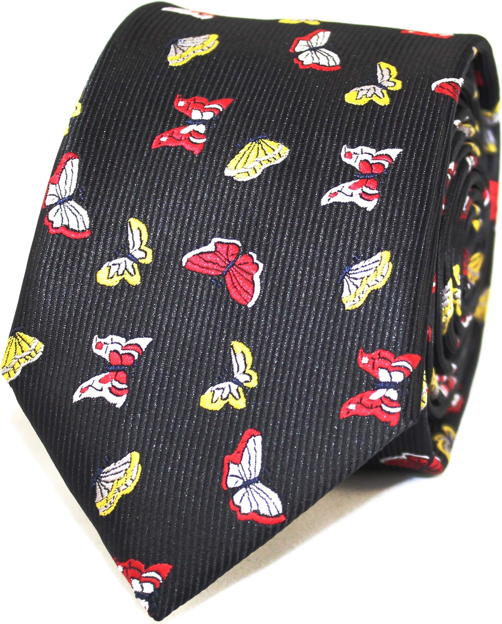 MENDEPOT Butterfly Tie With Box Red And Yellow Butterfly Pattern Black Necktie