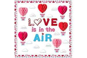 BeYumi 97Pcs Love is in The Air Bulletin Board Decoration Set Heart Hot Air Balloons Honeycomb Trim Borders Clouds Cutouts Valentine's Day Party Supplies Classroom School Chalkboard Wall Decoration