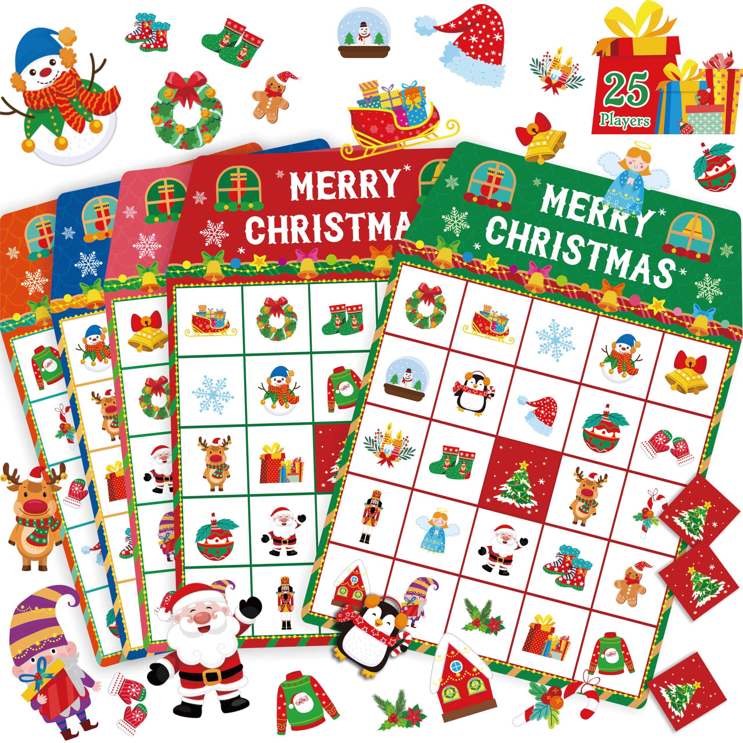 SpriteGru Christmas Bingo Game, 25PCS Bingo Board Game, 2-25 Players Bingo Game Set for Teenager or Adults Xmas Party, Fun Interesting Activity Winter Party Supplies