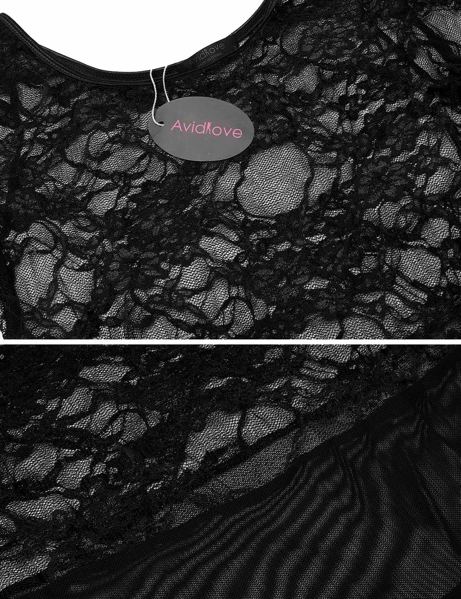 ADOME Womens Chemise Nightgown Lace High Waisted Mesh Nightdress(Black,XL)