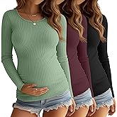 Velvelhall 3 Pack Women's Maternity Shirts Long Sleeve Ribbed Round Neck Pregnancy Tops Casual Basic Tee Maternity Clothes