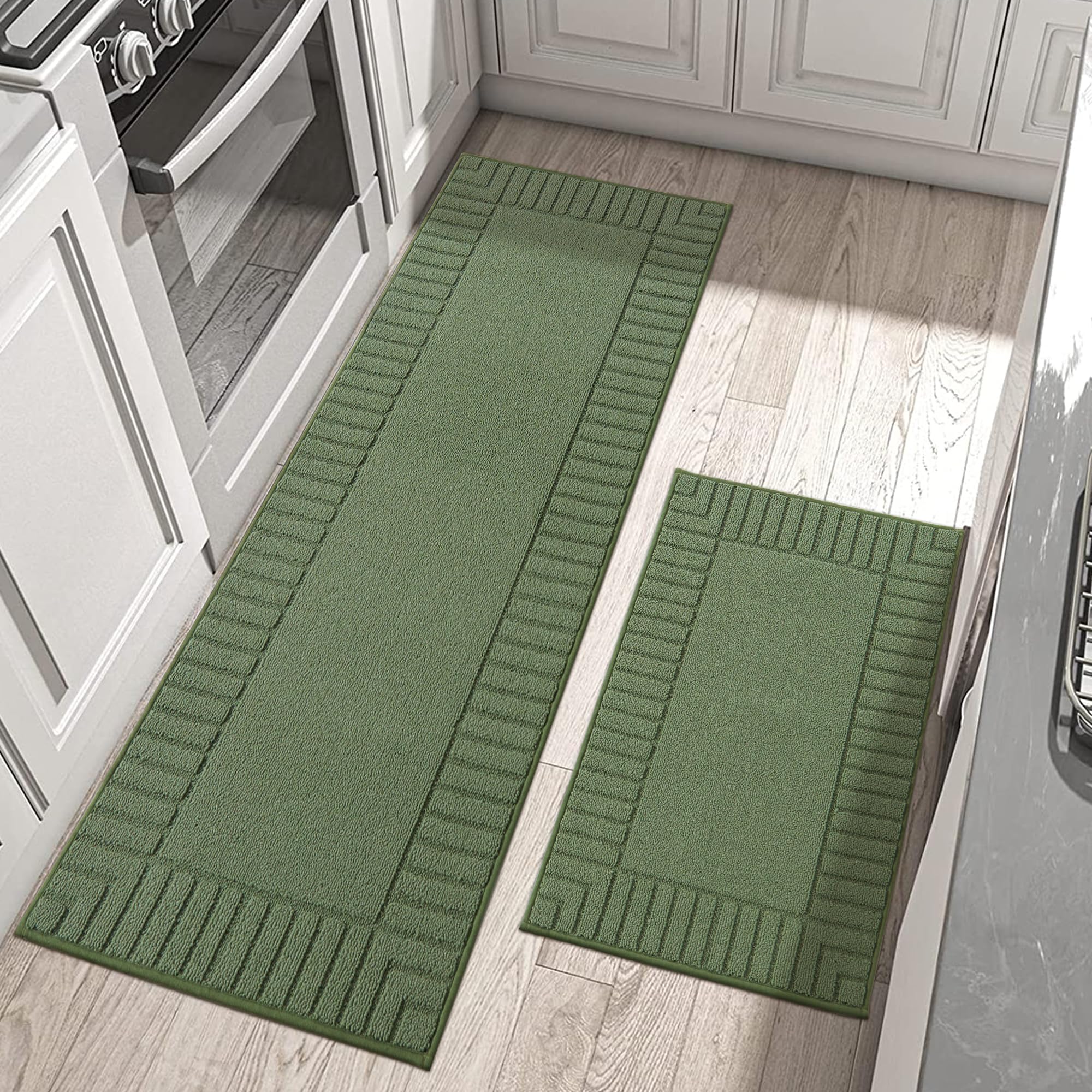 Photo 1 of BEQHAUSE-Kitchen-Rugs-Non-Slip-Kitchen-Mats-for-Floor Machine Washable Kitchen Rugs 2 Pieces Kitchen Carpet Runner with TPR Backing,Green,24x35inch/24x60inch