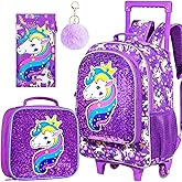 Kids Rolling Backpack for Girls, Roller Wheels Bookbag - Wheeled Elementary Sequin School Bag - 3PCS Unicorn Purple