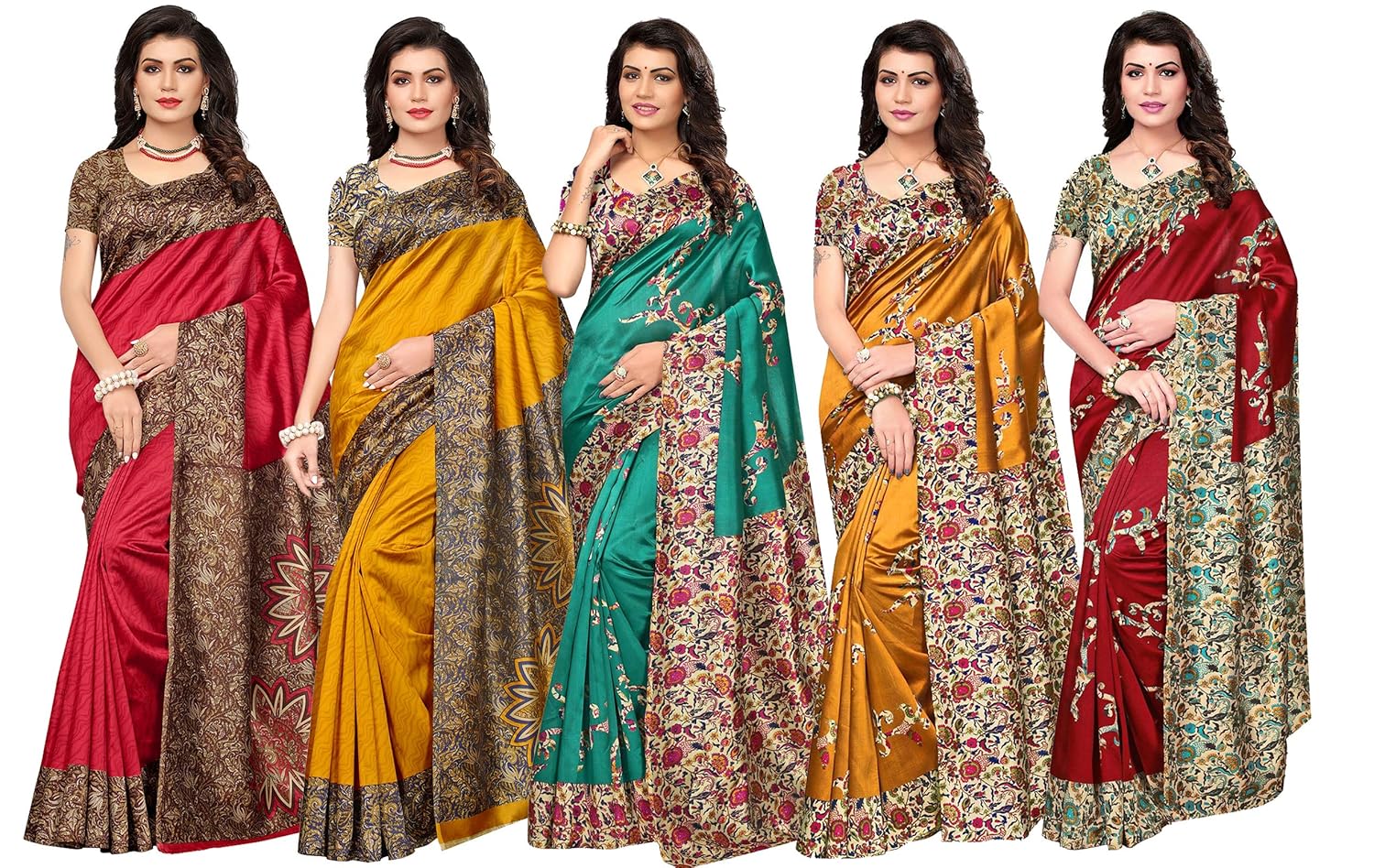 ishin silk with blouse piece saree (pack of 5 (combosr-28005 multicolor free size