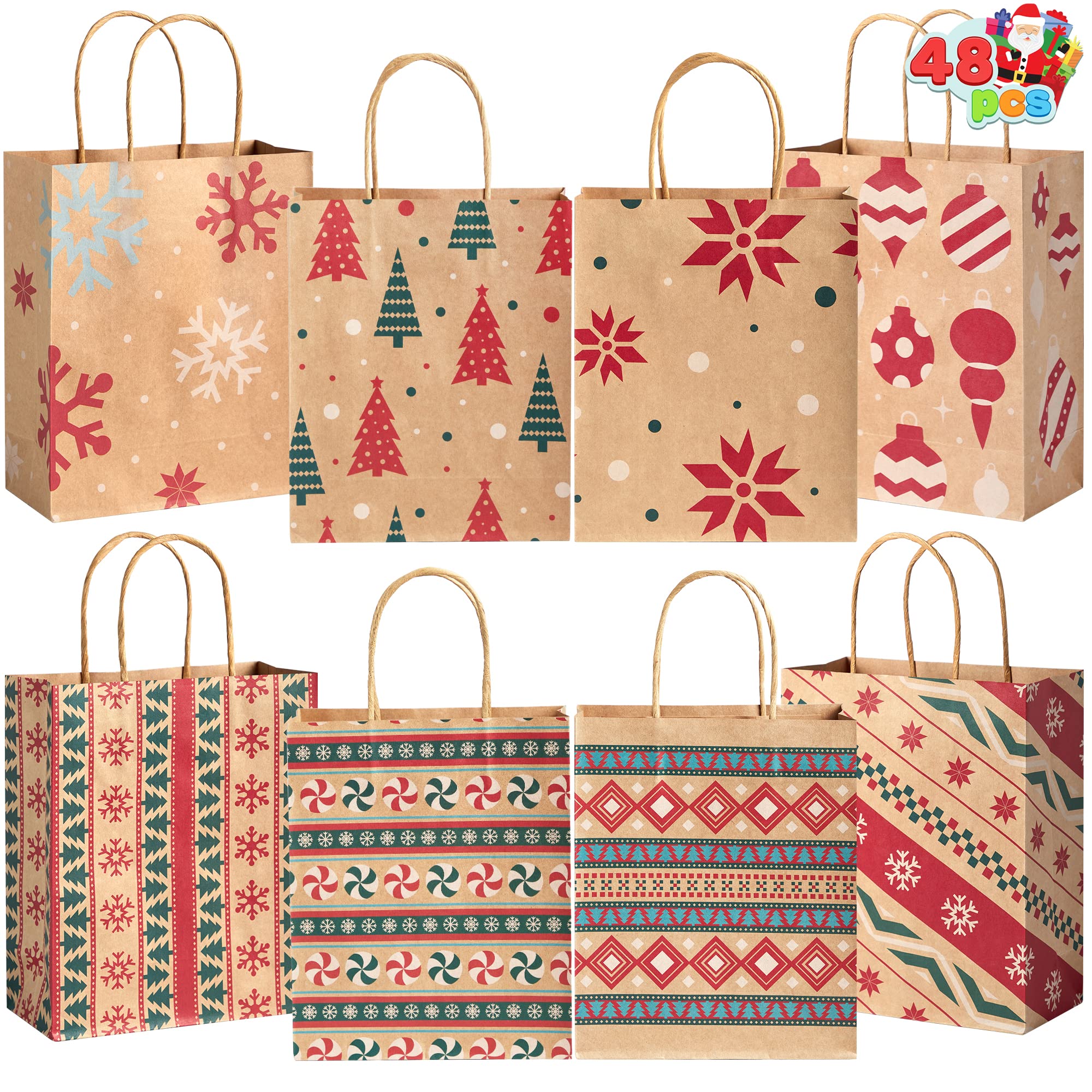 JOYIN 48 PCS GIFT Bags, Kraft Bags with Handle Christmas Characters for Christmas Party Favors, Gift Giving, Holidays Decorations, Xmas Treat Bags