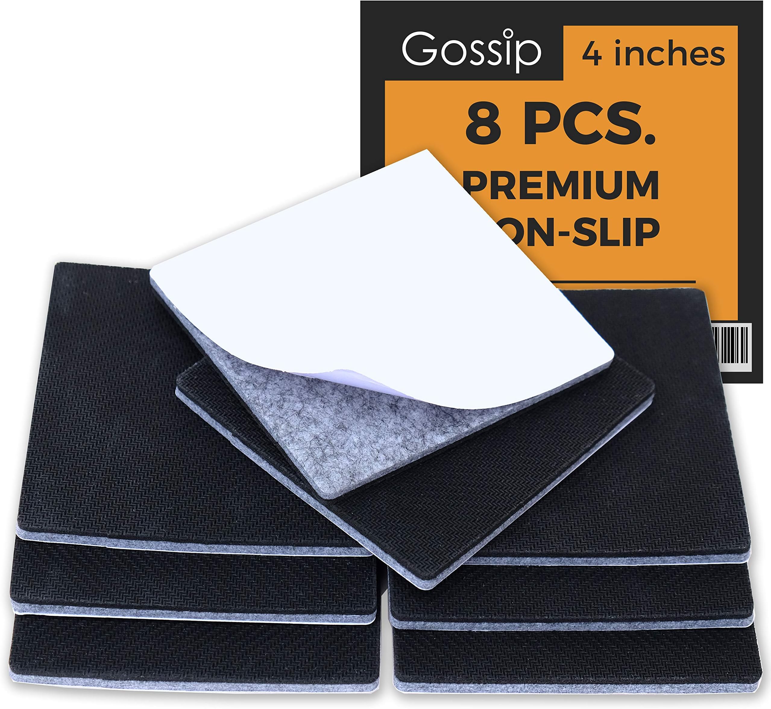GOSSIP Non-Slip Furniture Grippers – 8 Pcs x 4 inches Square Premium Self Stick Rubber Pads for Furniture Legs, Rubber Stoppers for Couch, Sofa, Non Skid Furniture Pads