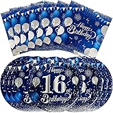 40 pieces of 16th birthday party tableware set, blue and silver happy birthday party decoration items for boys and girls, 16th birthday party dessert plates, napkins, gifts, 20 sets