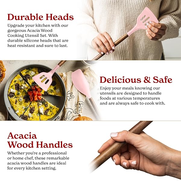 SILICONE KITCHEN UTENSILS SET & HOLDER: COOKING UTENSILS SET – KITCHEN ESSENTIALS FOR NEW HOME & 1ST APARTMENT- SILICONE SPATULA SET, COOKING SPOONS FOR NONSTICK COOKWARE (ACACIA WOOD, PINK)
