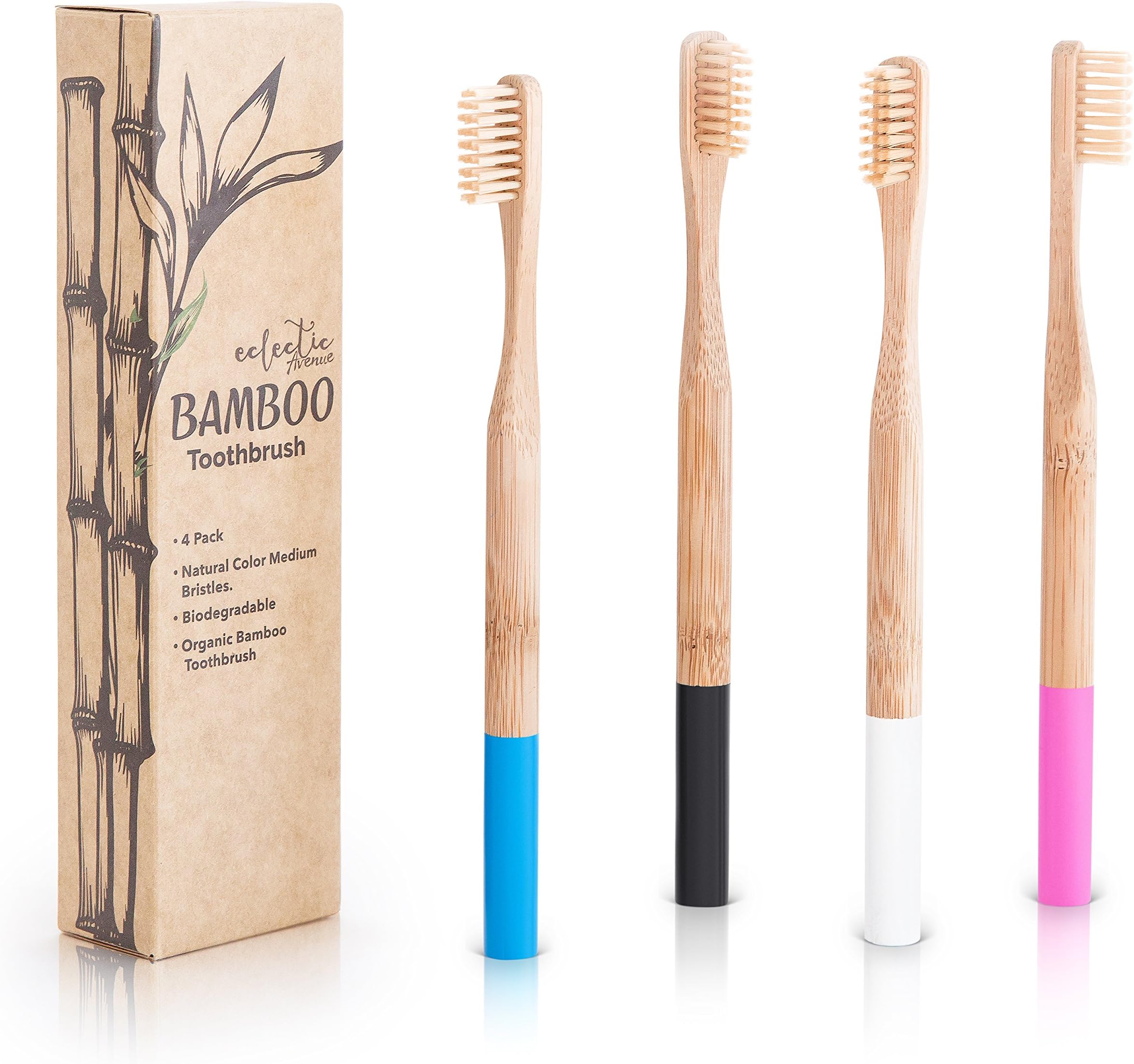 Biodegradable Bamboo Toothbrush Charcoal Infused. Organic natural eco-friendly wooden toothbrush handle. BPA Free, soft Nylon bristles for adults and kids. Family set of 4 toothbrushes. (Natural)