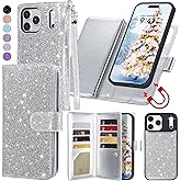 Varikke for iPhone 17 Pro Max Wallet Case Detachable with RFID Blocking Card Holder for Women, Glitter PU Leather Strap Magnetic Flip Removable Phone Case Cover for iPhone 17 Pro Max 6.9", Silver