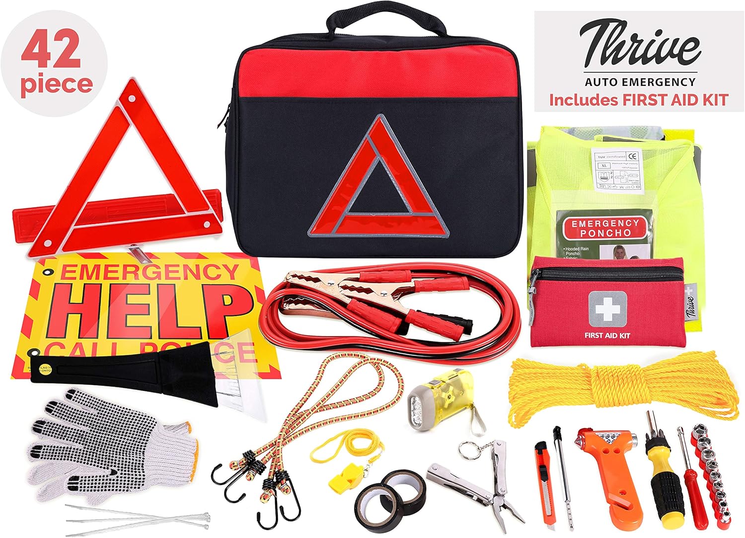 Thrive Roadside Assistance Auto Emergency Kit + Car First Aid Kit – Square Bag - Contains Jumper Cables, Tools, Reflective Safety Triangle & More Perfect Winter Accessory for Your Car, Truck, Camper: Automotive