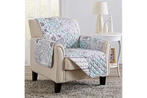 GREAT BAY HOME Reversible Floral Patchwork Furniture Protector Scalloped Edge Stain Resistant Printed Furniture Protector Maribel Collection (Chair, Gray/Aqua)