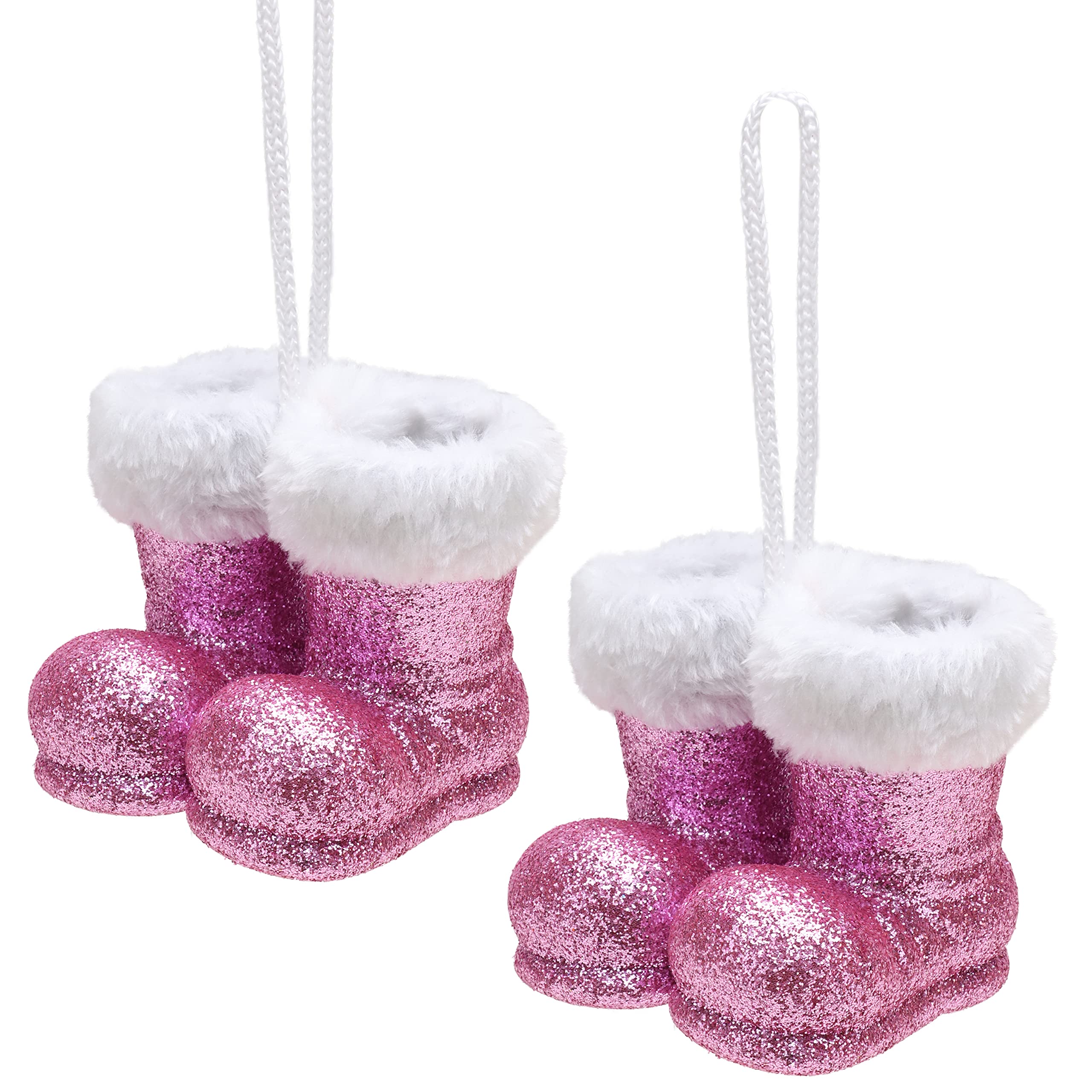 Christmas Concepts® Pack of 2–100mm (4") Glitter Hanging Santa Boots With White Fur Trim – Christmas Tree Trims/Baubles (Baby Pink)