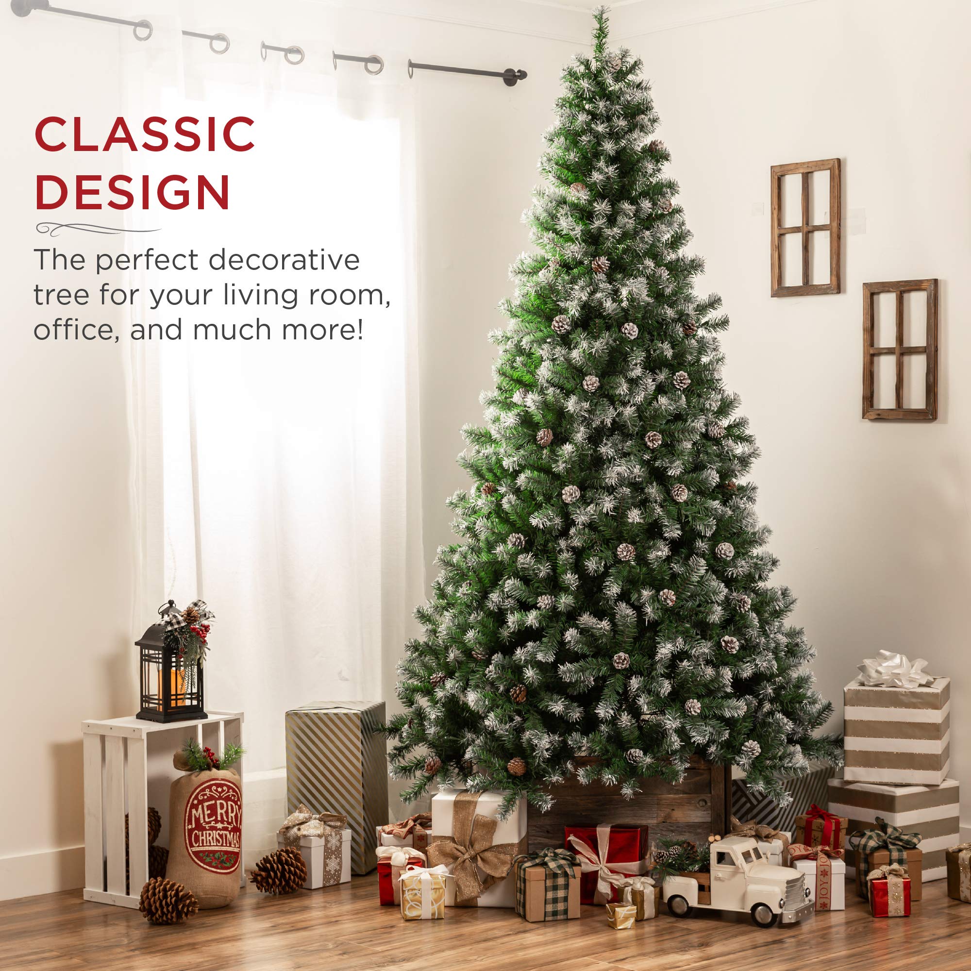 Best Choice Products 6ft Pre-Decorated Holiday Christmas Tree for Home, Office, Party Decoration w/ 1,000 PVC Branch Tips, Partially Flocked Design, Pine Cones, Metal Hinges & Base - Green/White