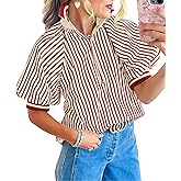 BKBEY Womens Striped Puff Sleeve Blouse Half Zip Loose Color Block Ribbed Knit Collared Top