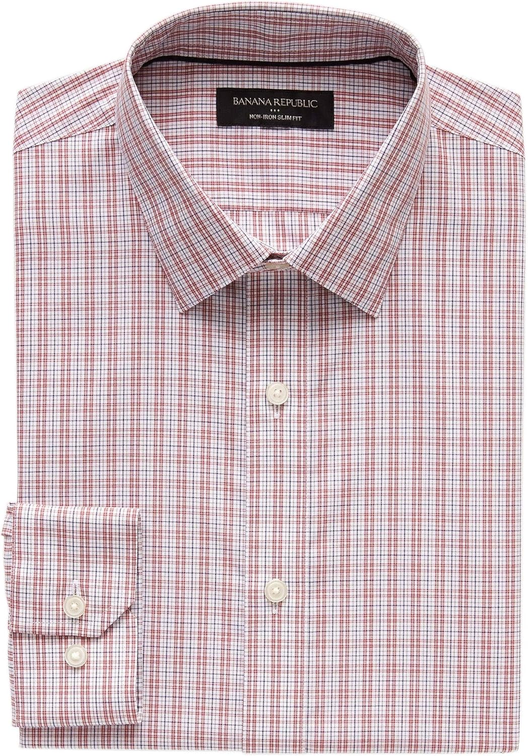 Banana Republic Mens SlimFit Cotton Non Iron Button Down Shirt Red White Micro Plaid (Large) at
