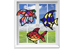 VHALE Suncatchers Craft 3 Sets (9 Cutouts) w Tissue Papers Stained Glass Effect Paper Sun Catcher Kit, Window Art, Classroom Crafts, Creative Art Projects, Kids Party Favors (Fish)