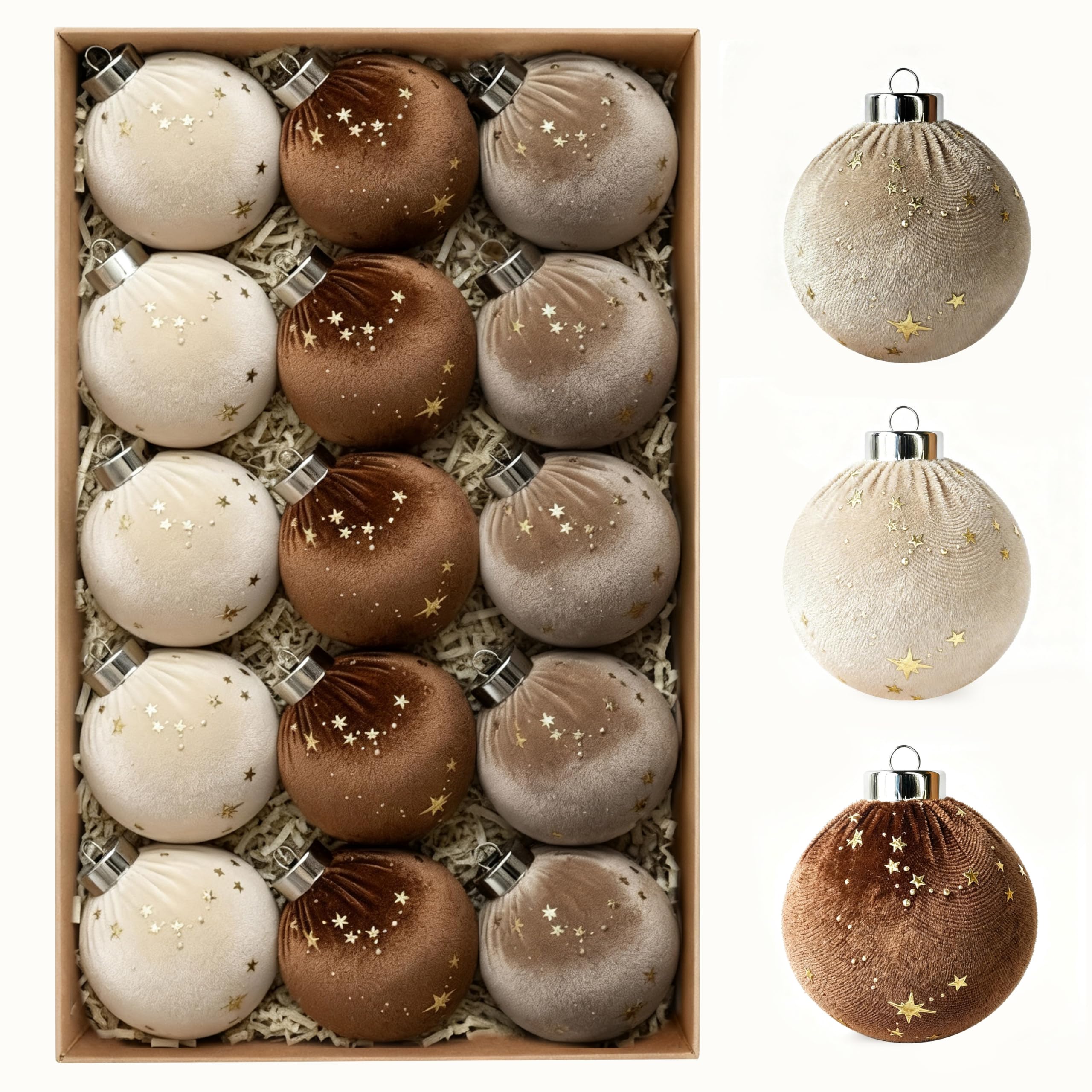 Photo 1 of 15 PCS Christmas Tree Ornaments Velvet Balls, 3.15 Inch Large Velvet Christmas Ball Ornaments Set Star, Shatterproof Plastic Hanging Bulbs for Xmas Tree Decorations - Multicolor Brown Neutral Beige