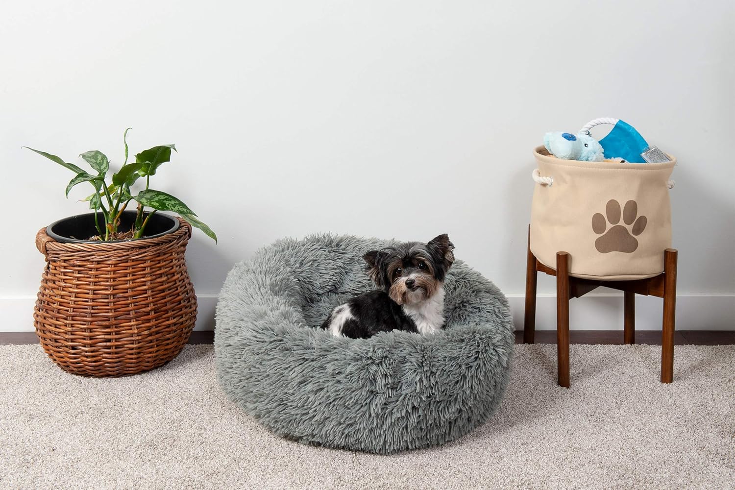 Furhaven Pet Dog Bed - Round Plush Long Faux Fur Ultra Calming Deep Sleep Soothing Cushion Cuddler Donut Pet Bed for Dogs and Cats, Gray, Small : Pet Supplies