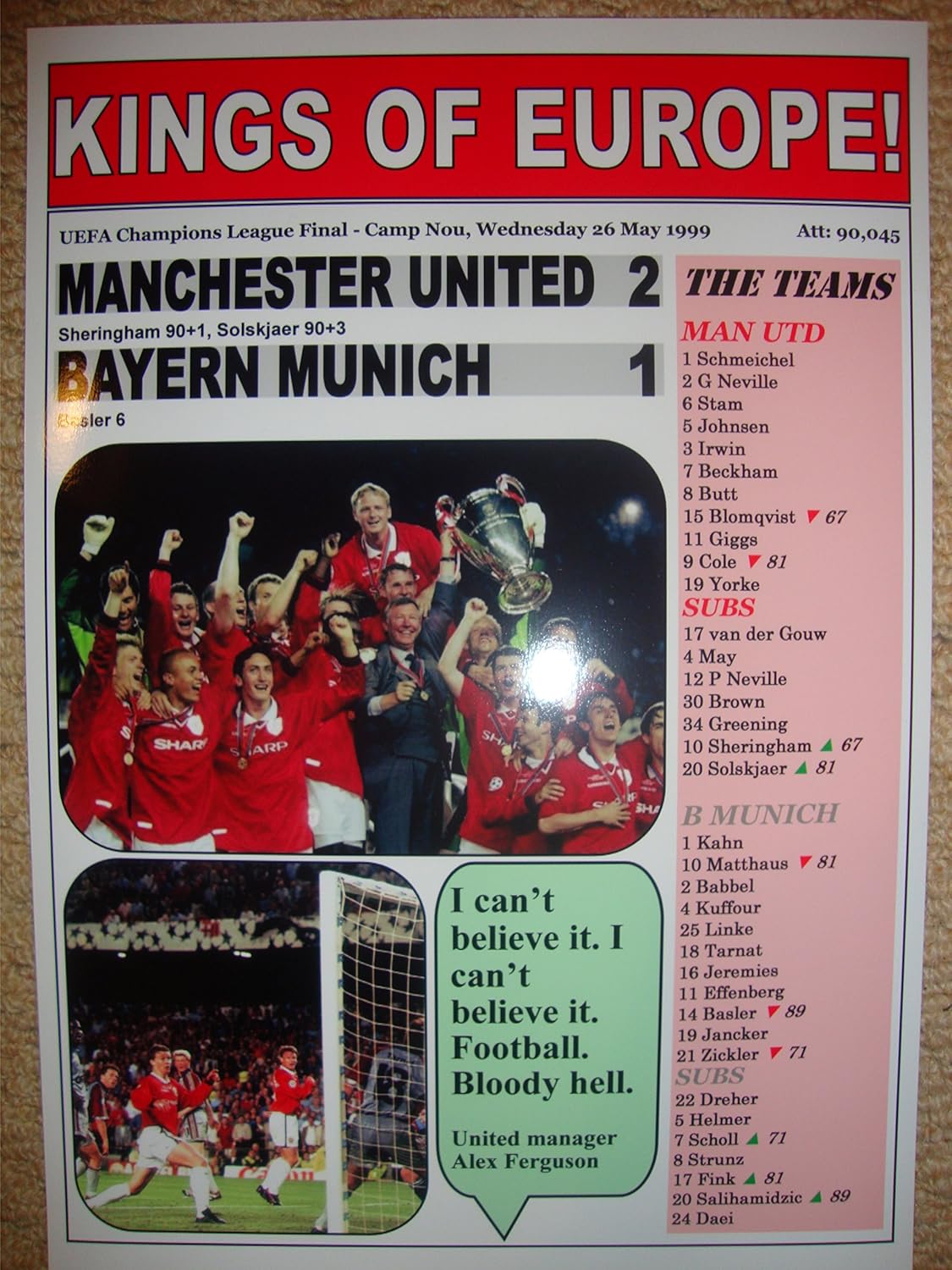 Lilywhite Multimedia Manchester United 2 Bayern Munich 1 1999 Champions League Final Souvenir Print Amazon Co Uk Sports Outdoors