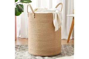 MOJOSCEND 15Dx20H inches Jute Woven Hamper Laundry Basket Wicker Rope Clothes Hamper for Baby Nursery Kids Tall Rattan Blanket Basket in Living Room Bedroom 60L Large Capacity