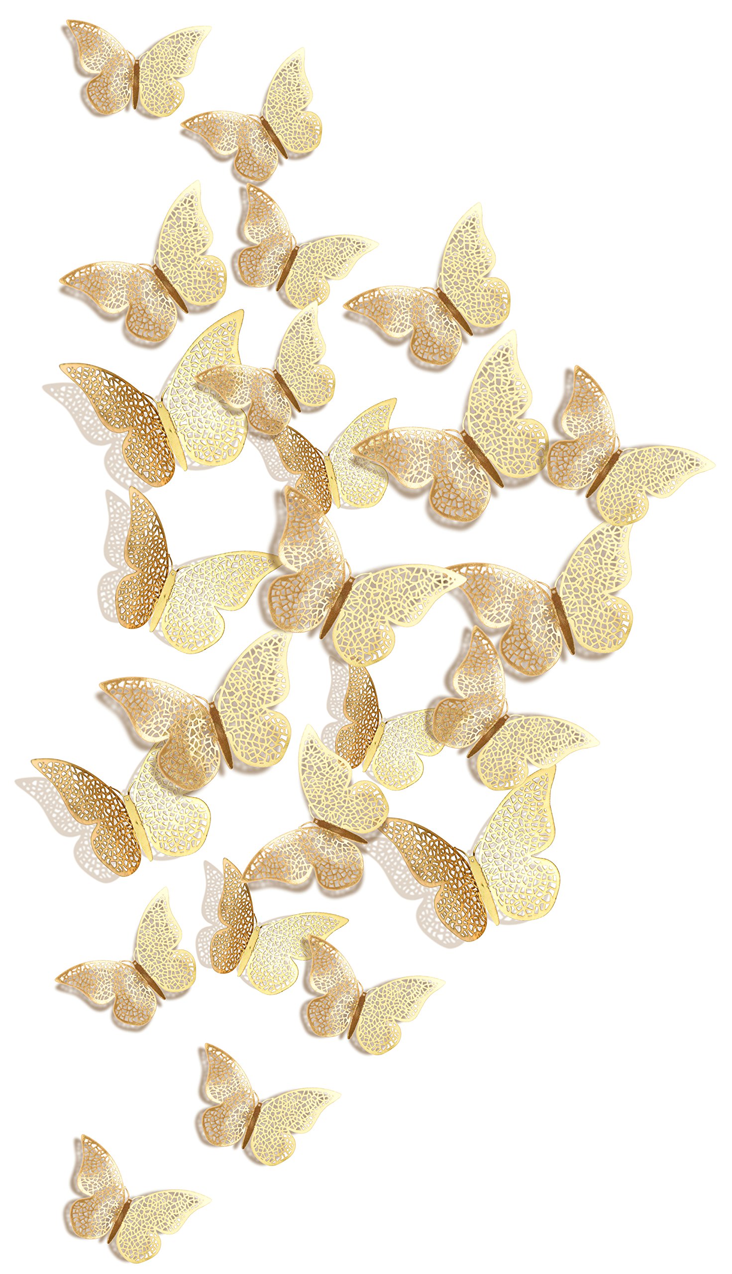 FiveSeasonStuff 24pcs 3D Gold Mirror Hollow Butterfly Wall Stickers