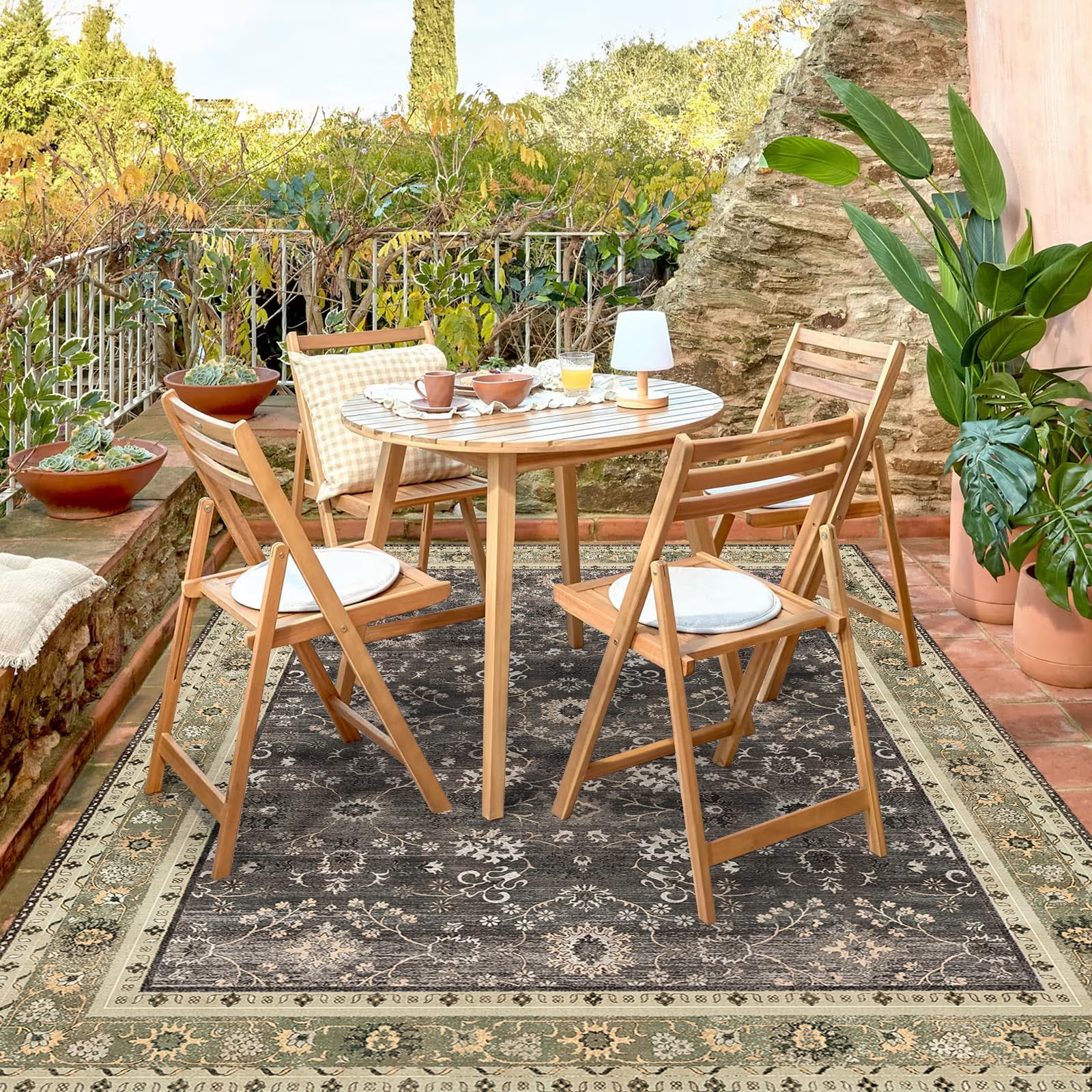 Photo 1 of ***THE RUG HAS A CUT IN THE MIDDLE***    6'6" x 10 Durable Vinyl Rugs for Living Room, Vintage Floral Pattern for Dining Room, Bedroom, Home Office, Bobo Green Non-Slip Large Rugs for Indoor&Outdoor RV, Deck, Backyard, Balcony,Home Decor